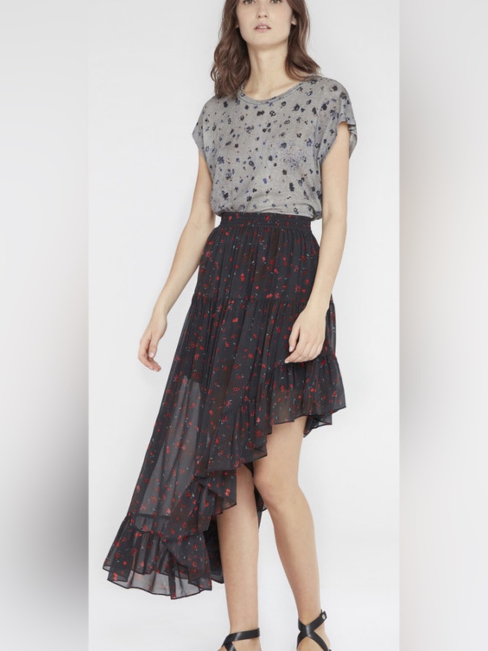 IRO Paris Black Sheer Asymmetrical High-Low Skirt w Red Floral Print - XS/S, GUC